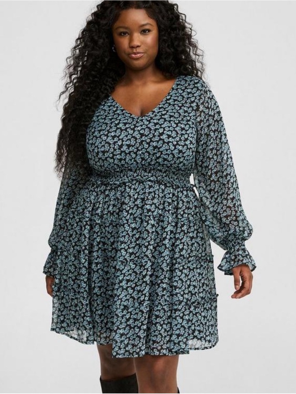 Torrid Midi Blue and Black V-Neck Blue Floral Smocked Waist Chiffon Dress